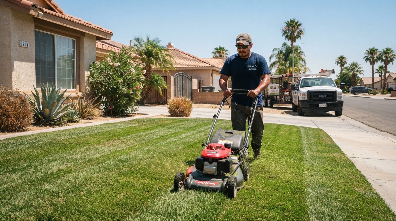 Lawn mowing service at a residential property in Wasco, CA