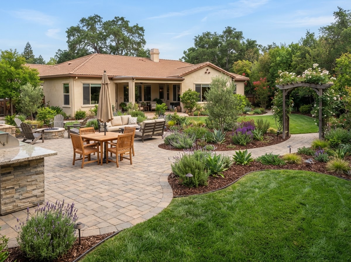 Paver patio integrated with landscaping in Rosedale, CA