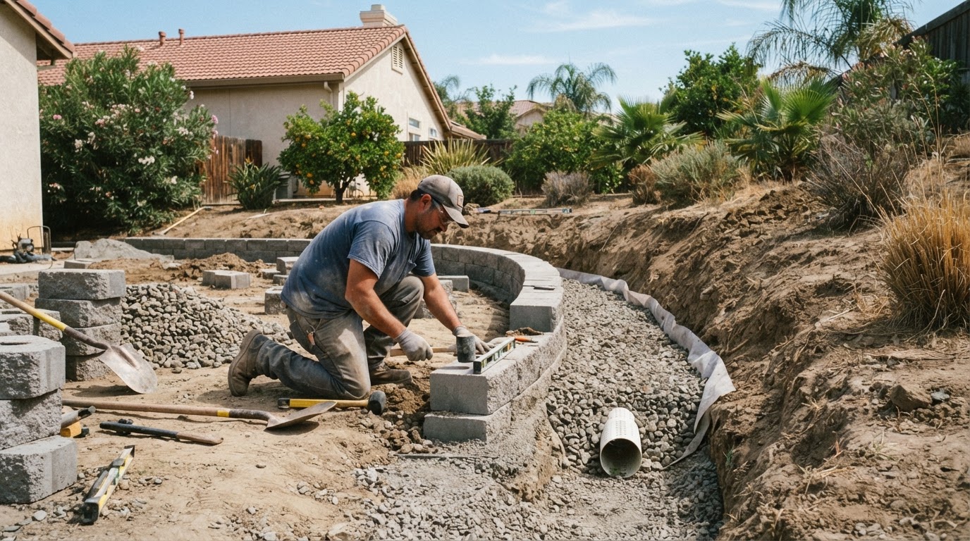Landscape retaining wall installation in Wasco, CA