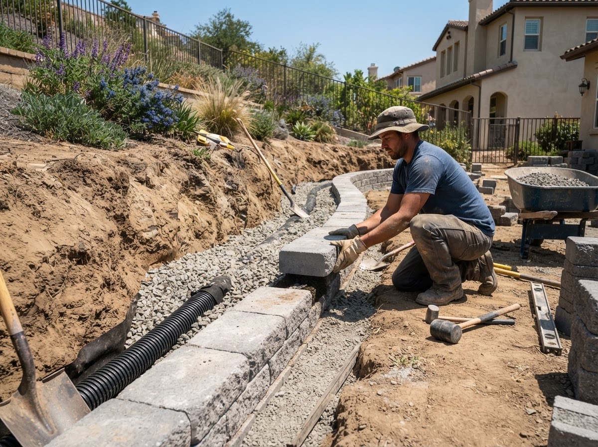 Segmental retaining wall installation in Wasco, California