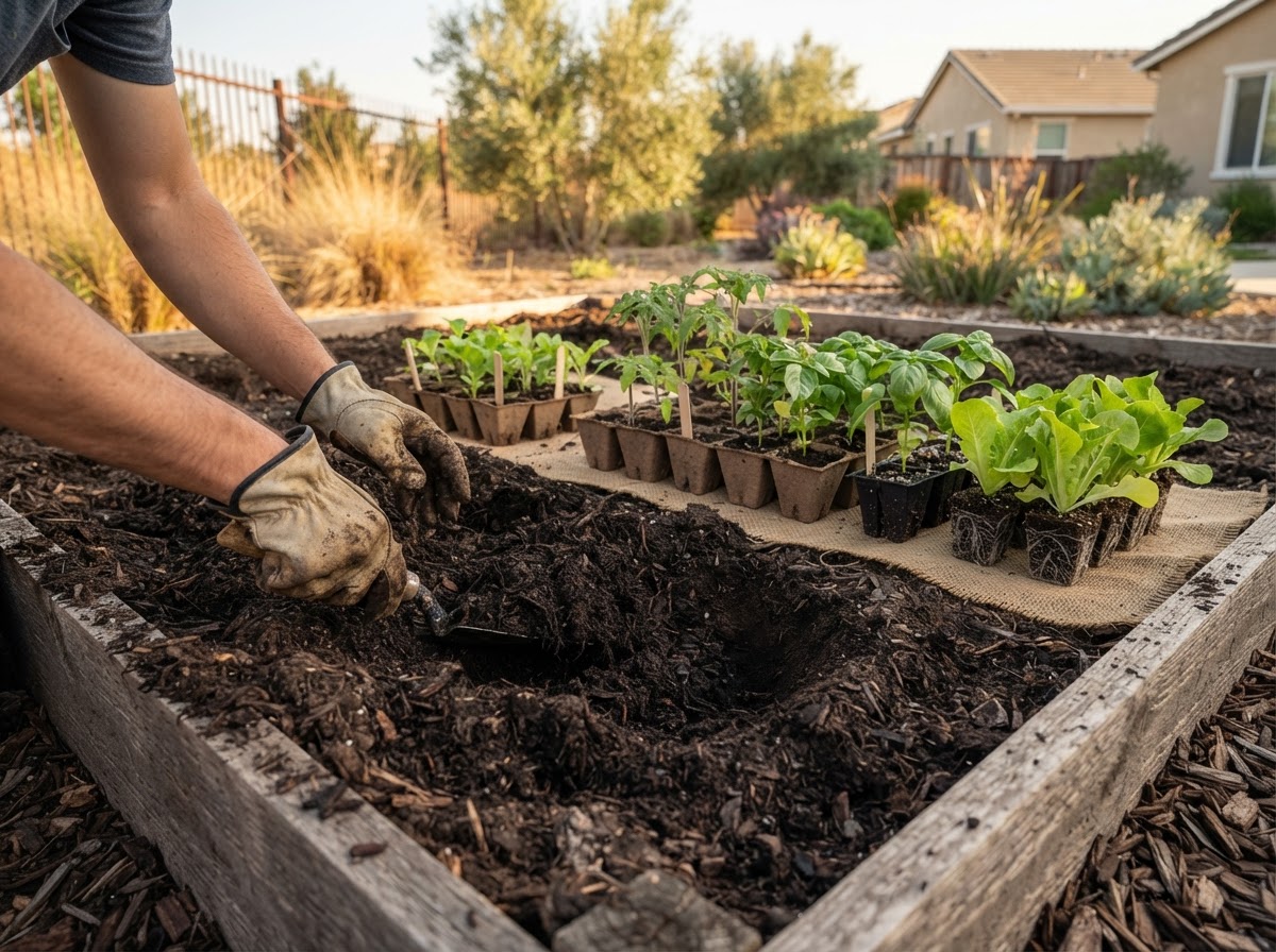 Garden bed preparation and planting in Wasco, California