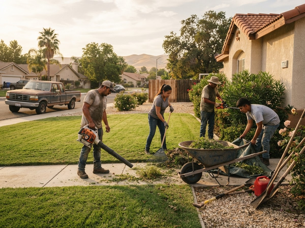 Landscaping crew completing yard work in the Wasco area