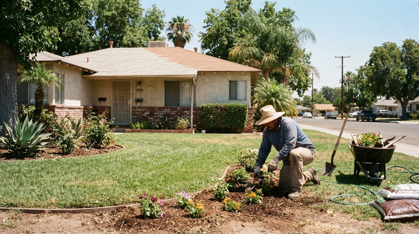 Landscaping service at a residential property in Delano, CA