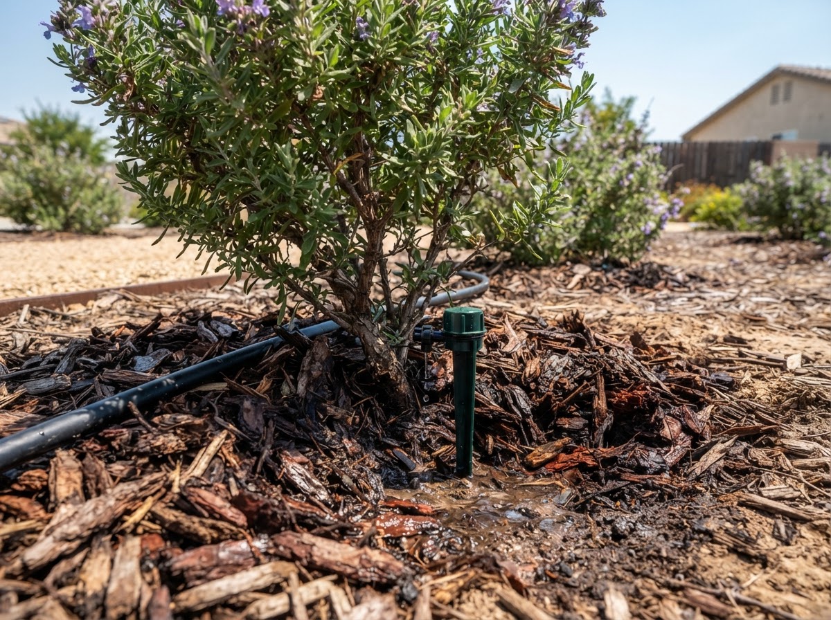 Irrigation and mulch around landscape shrubs in Wasco
