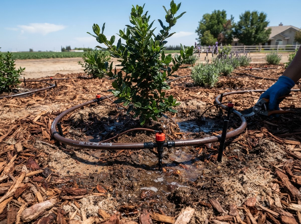 Drip irrigation for newly planted landscape beds in Wasco