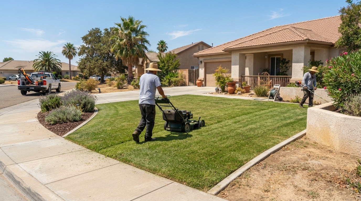 Lawn maintenance service at a residential property in McFarland, CA