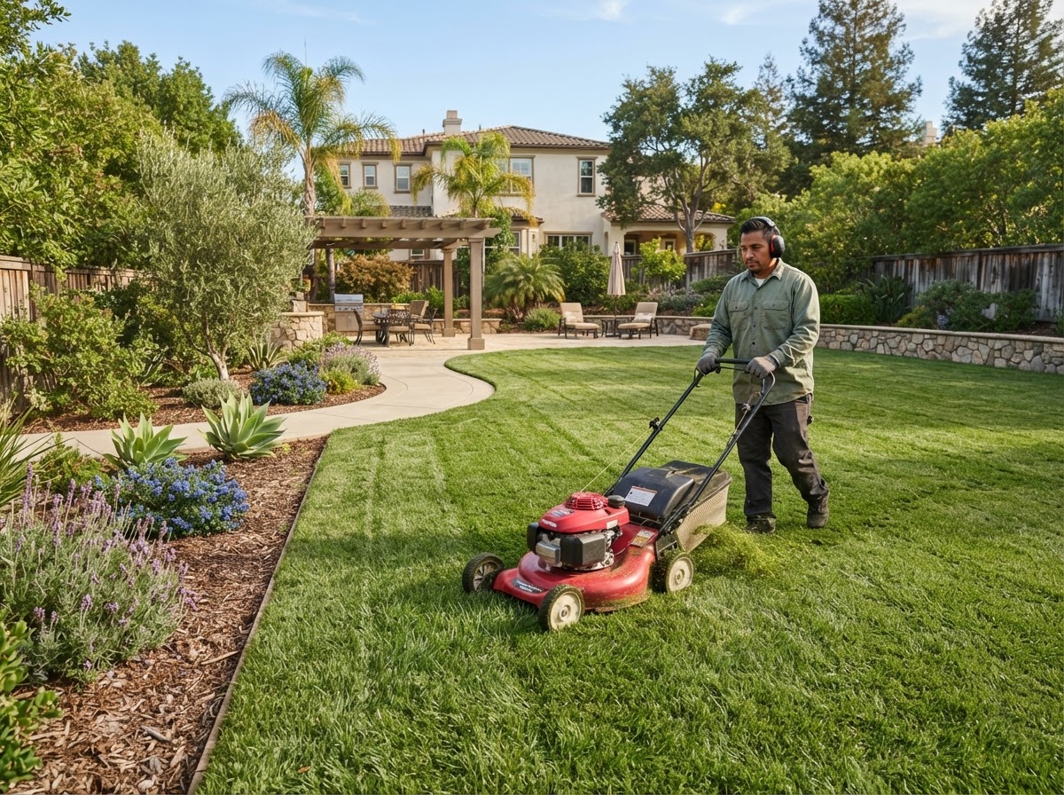 Lawn maintenance for a larger residential yard in Rosedale, CA