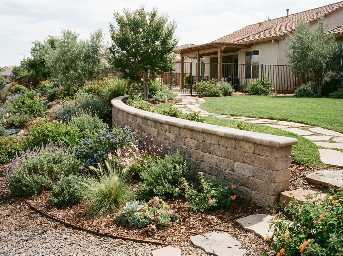 Segmental retaining wall integrated with landscaping in Wasco