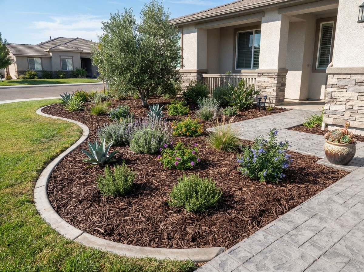 Finished-type mulched planting bed in a Wasco landscape