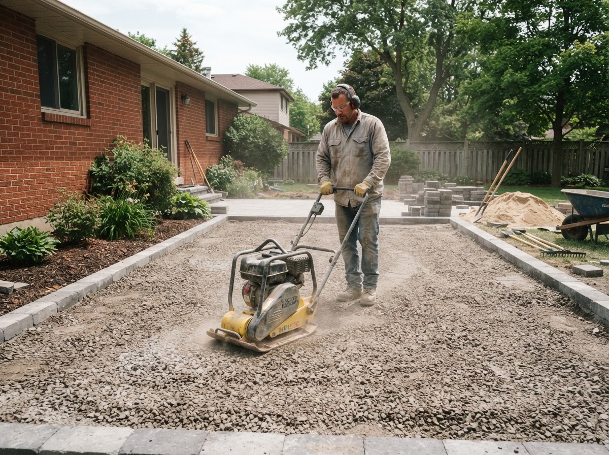 Compacted aggregate base preparation for a patio in Wasco