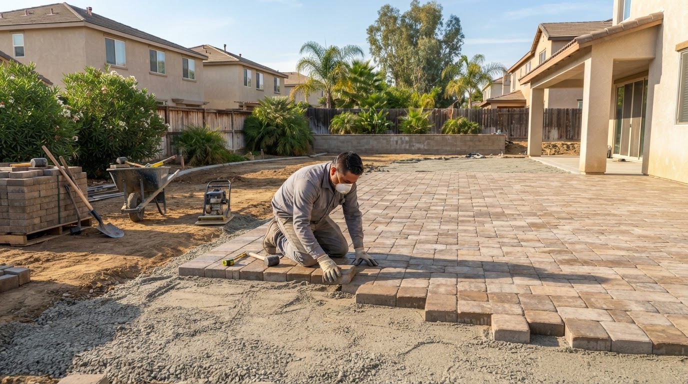 Paver patio installation at a residential property in Rosedale, CA