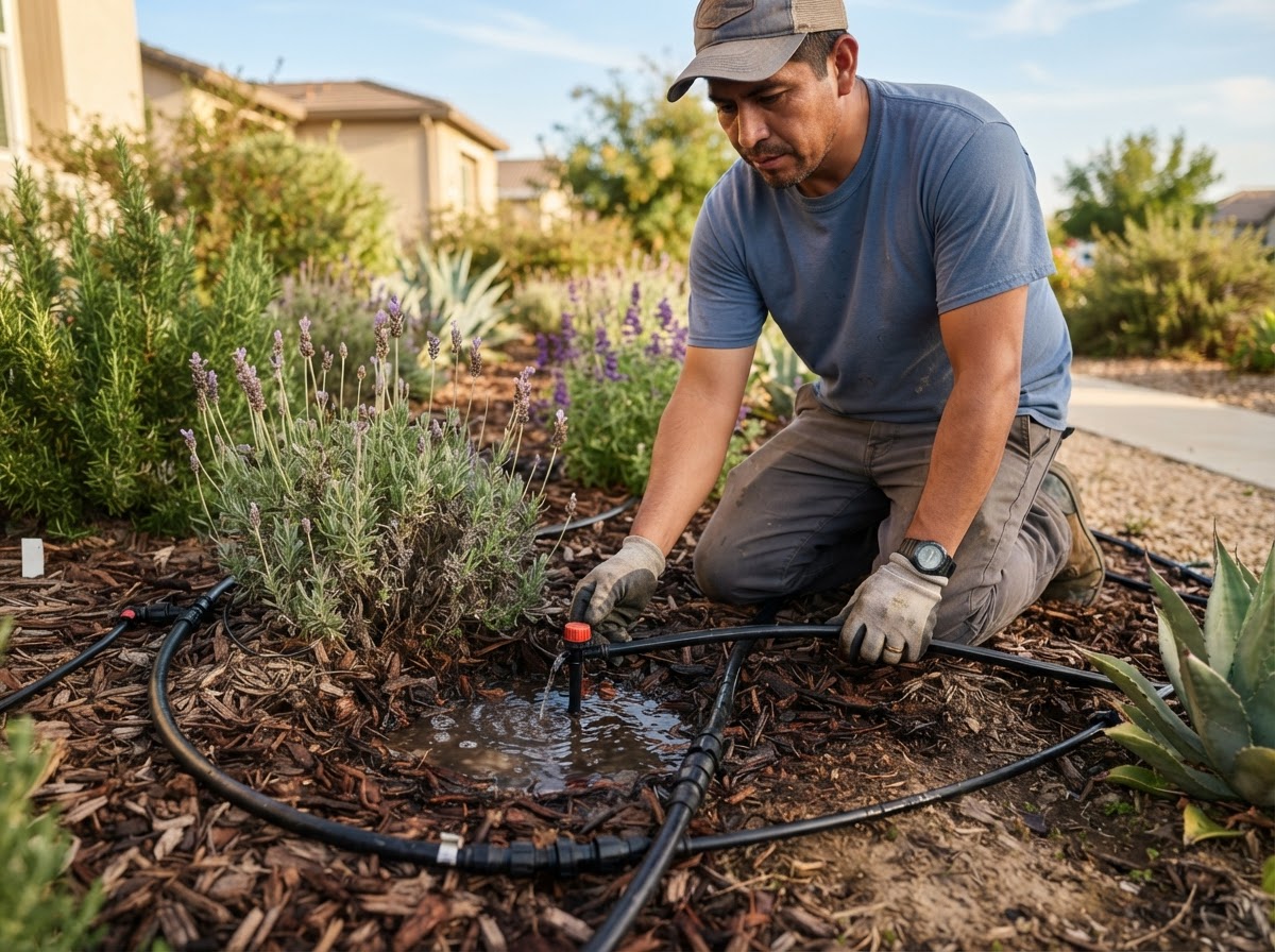 Drip irrigation for planting beds in McFarland