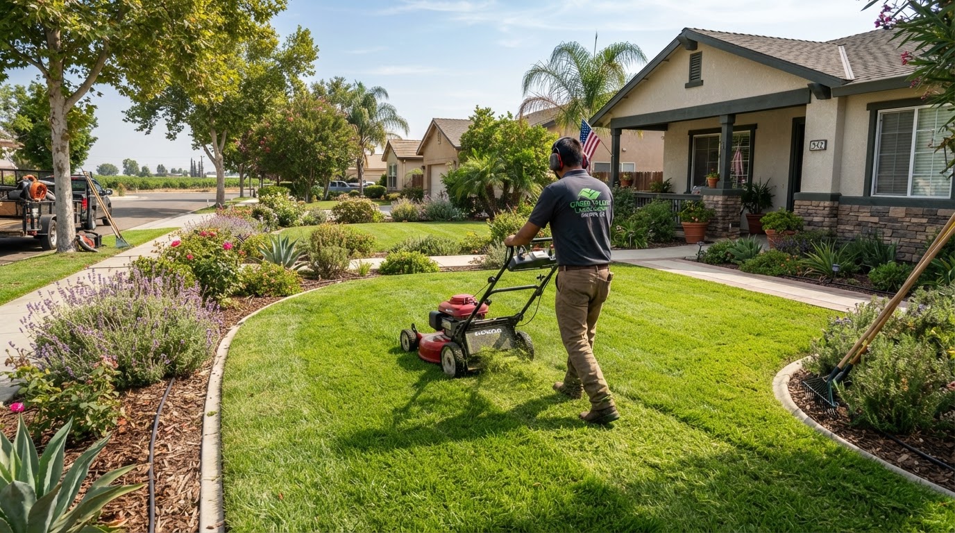 Lawn maintenance service at a residential property in Shafter, CA