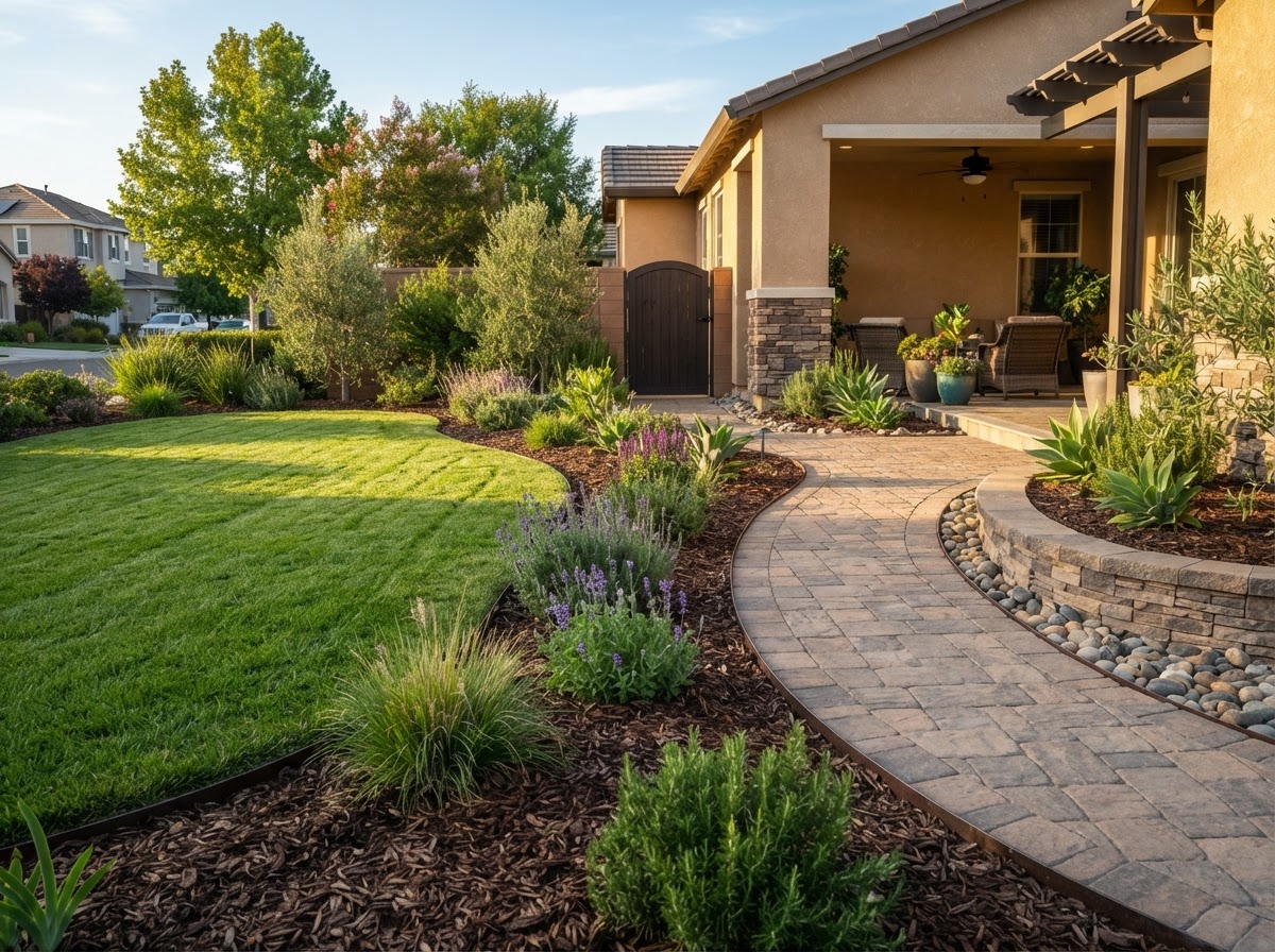 Residential landscape layout with turf and planting beds in Wasco