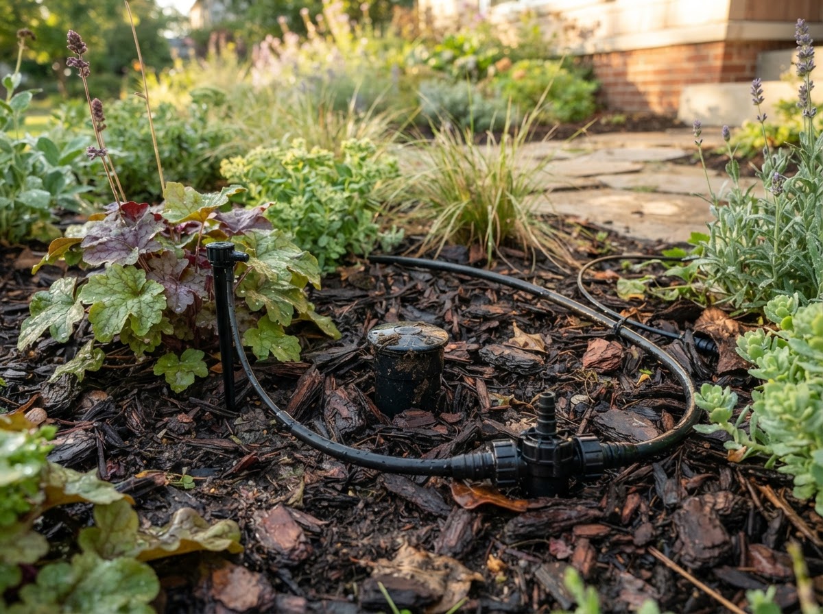 Sprinkler and drip irrigation components used in residential landscaping