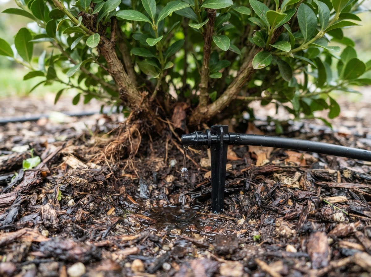 Drip emitter placement near landscape shrubs in Wasco