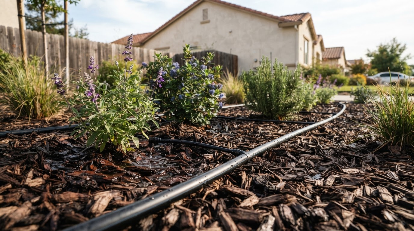 Drip irrigation installation in a Wasco planting bed