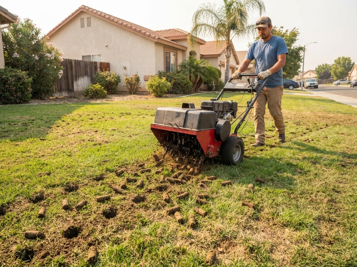 Lawn aeration service for compacted turf in Wasco