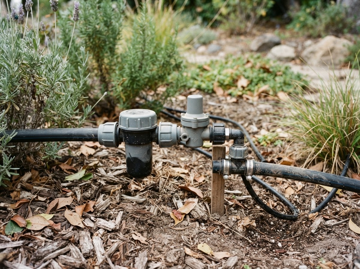 Drip irrigation pressure regulation components in Wasco