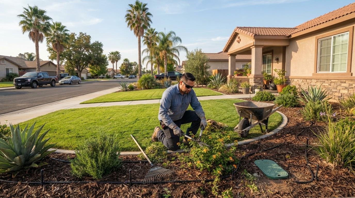 Landscaper working on a residential yard in Wasco, California