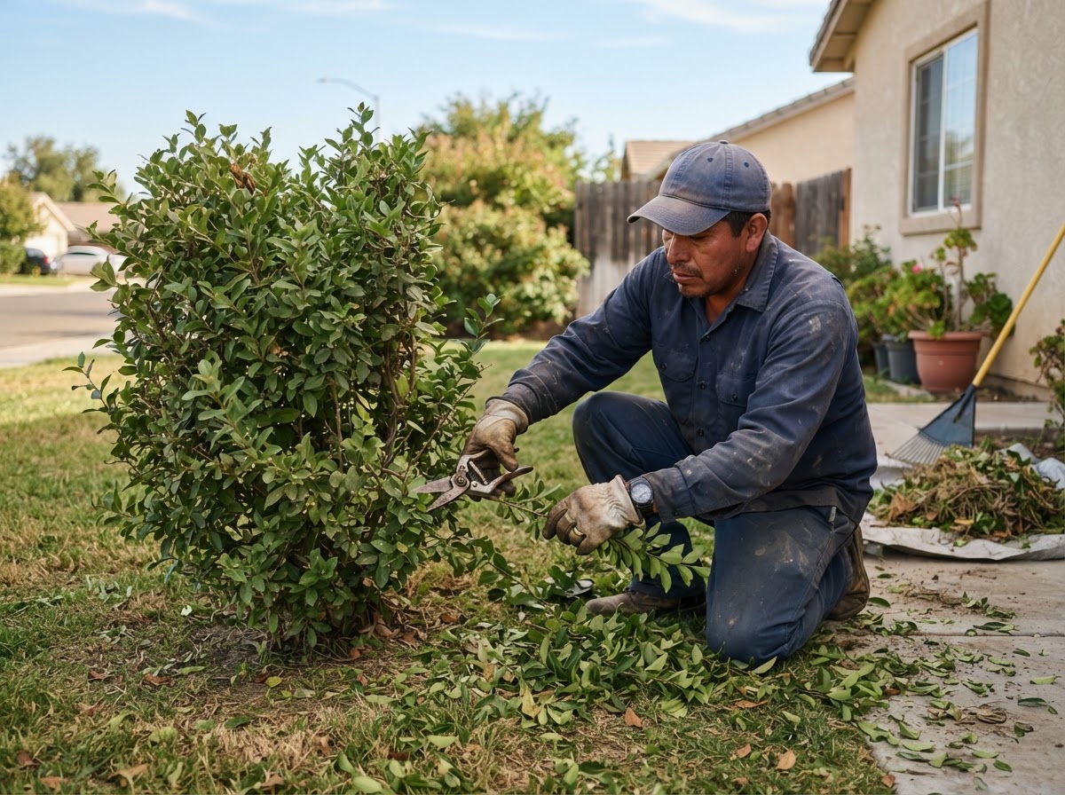 Routine shrub trimming during yard cleanup in Wasco