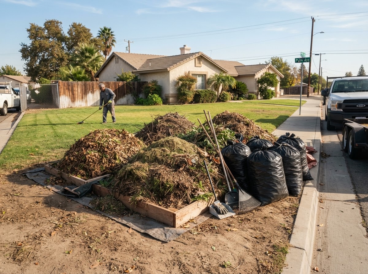 Landscape debris collection during yard cleanup in Wasco