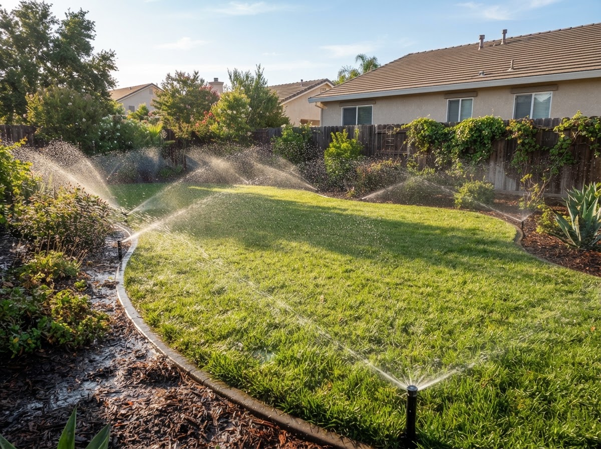 Testing sprinkler coverage after irrigation repair in Delano