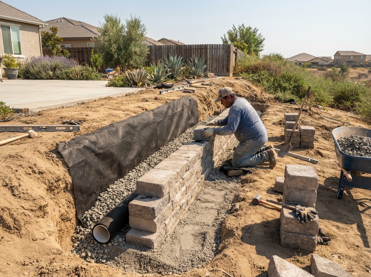 Landscape retaining wall installation in Wasco, CA