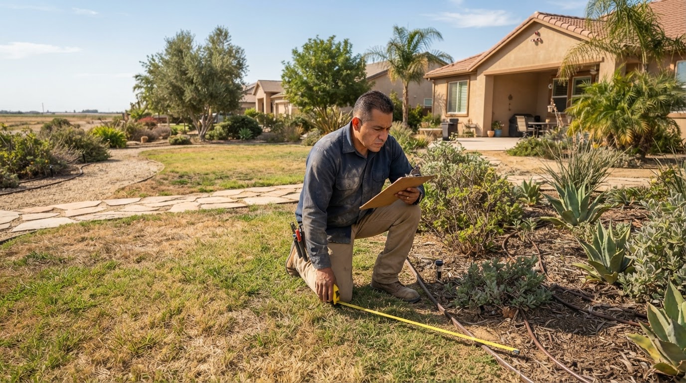 Landscaping professional evaluating a residential property in Wasco