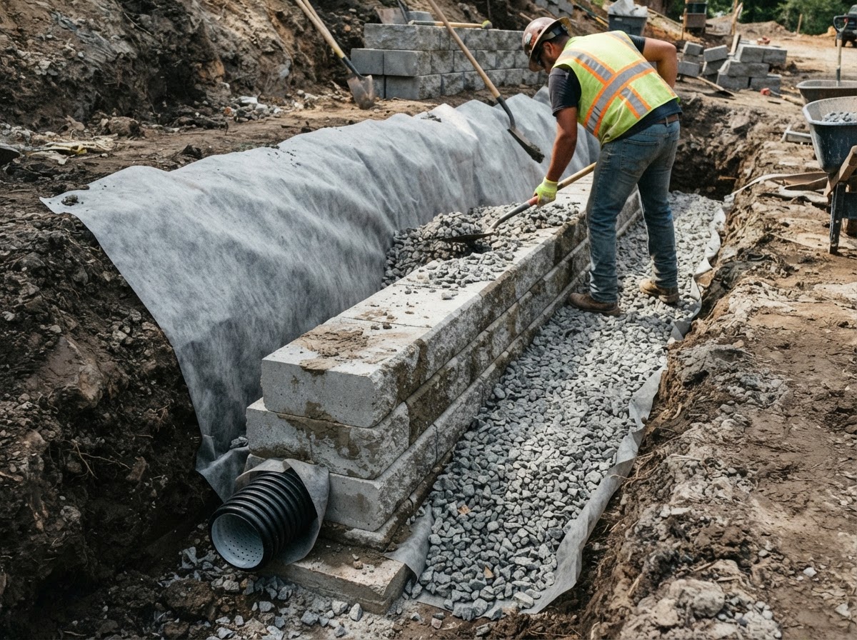 Drainage preparation behind a landscape retaining wall in Wasco