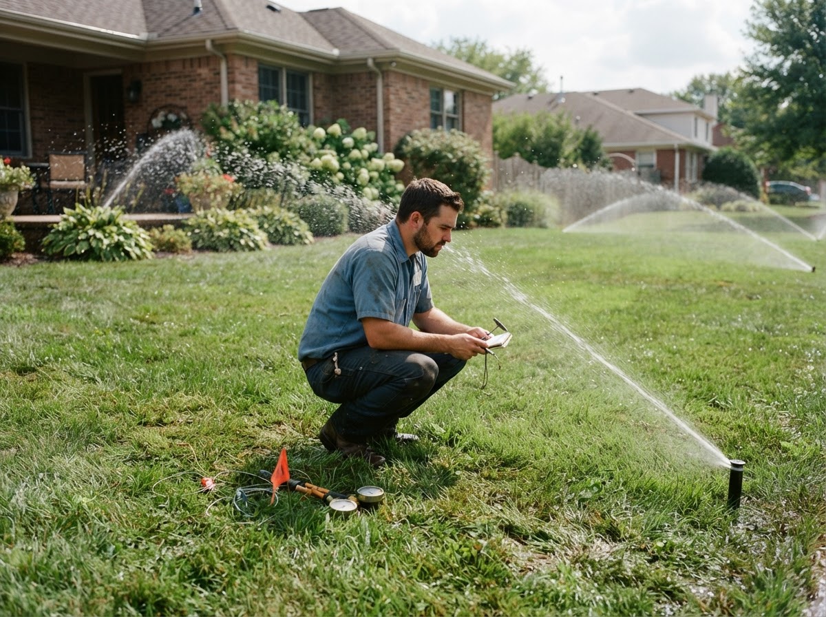 Testing sprinkler coverage after irrigation repair in Wasco