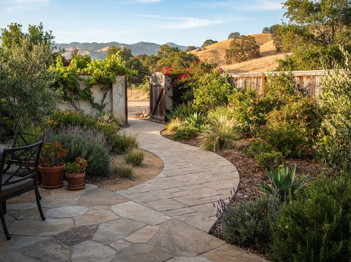 Residential paver walkway through a Wasco landscape