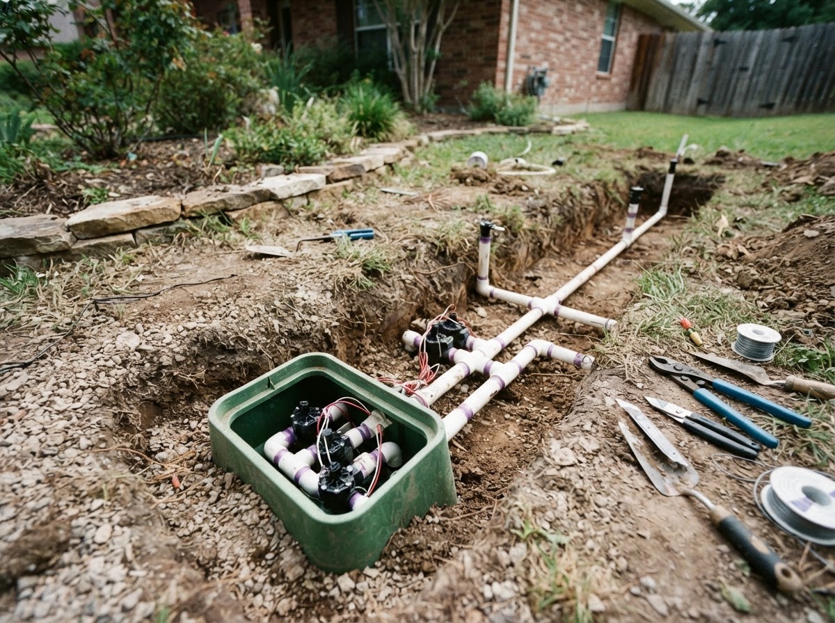 Irrigation lines and valves during sprinkler installation in Wasco