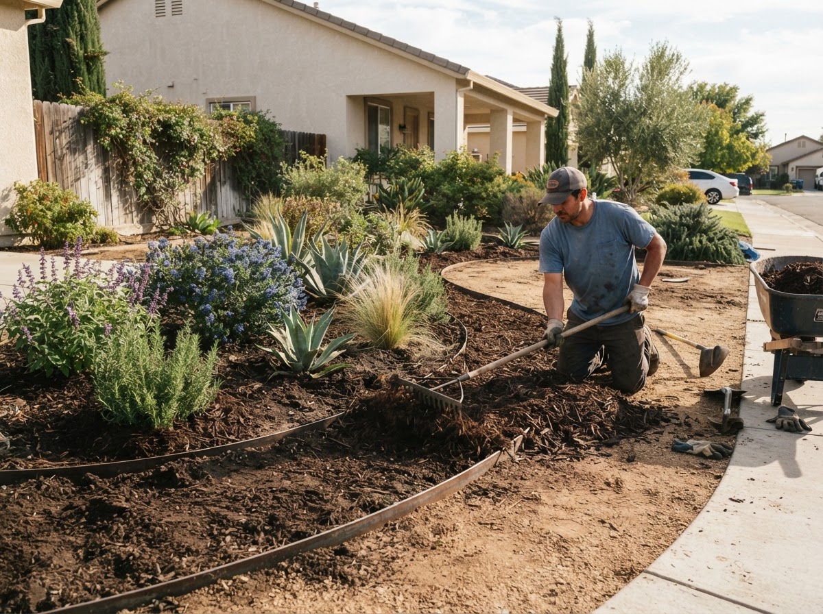 Garden planting and mulch installation in Wasco