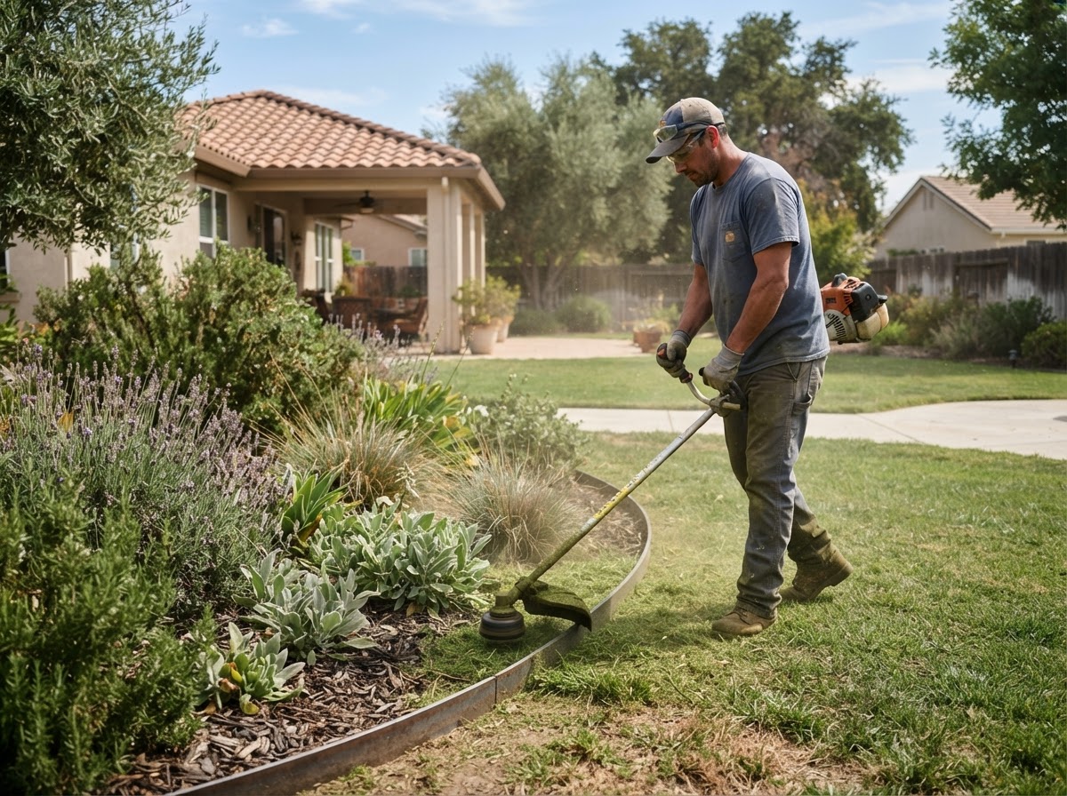 String trimming around landscape beds in Wasco