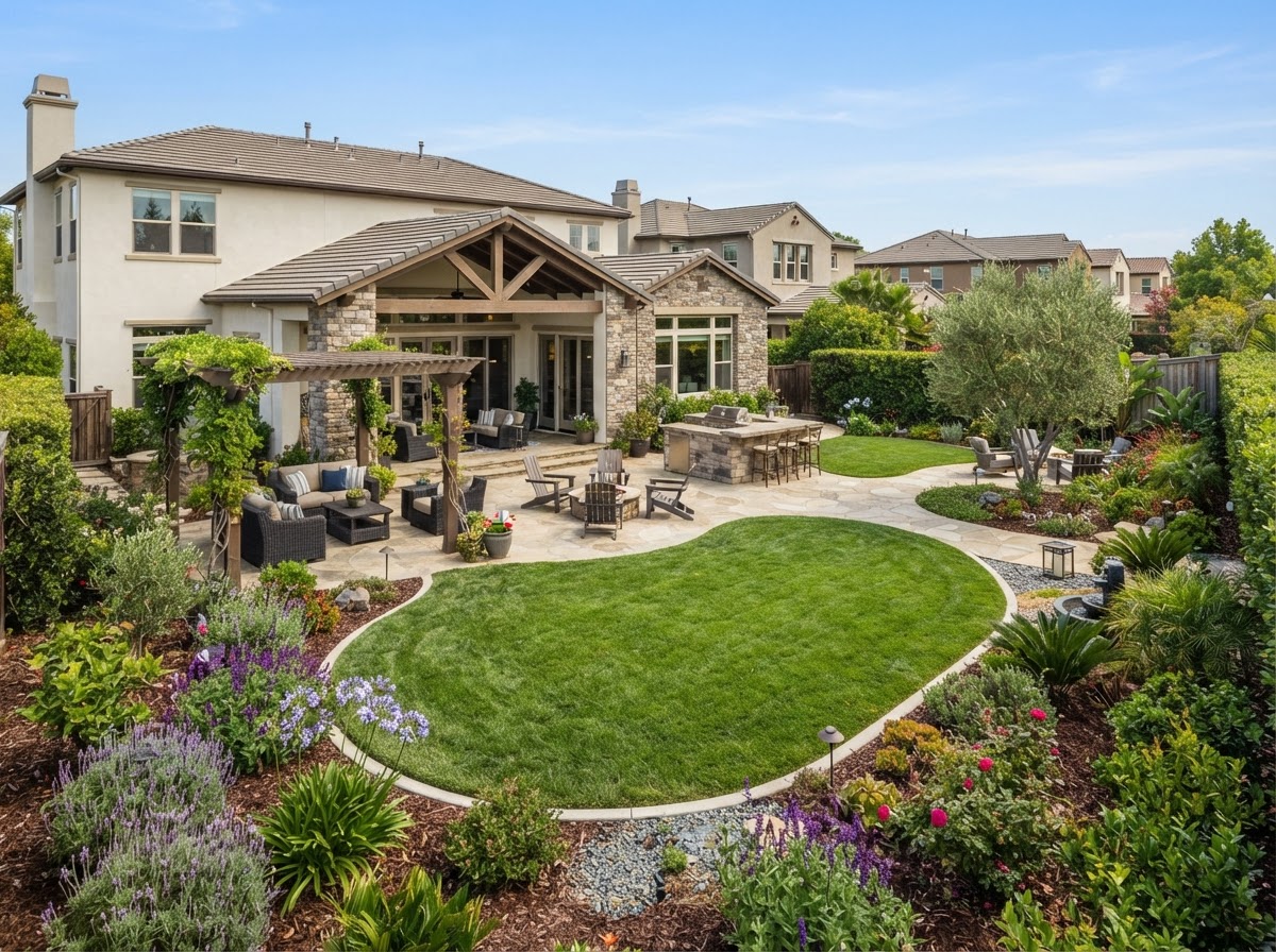Landscape layout with lawn planting and patio in Rosedale, California