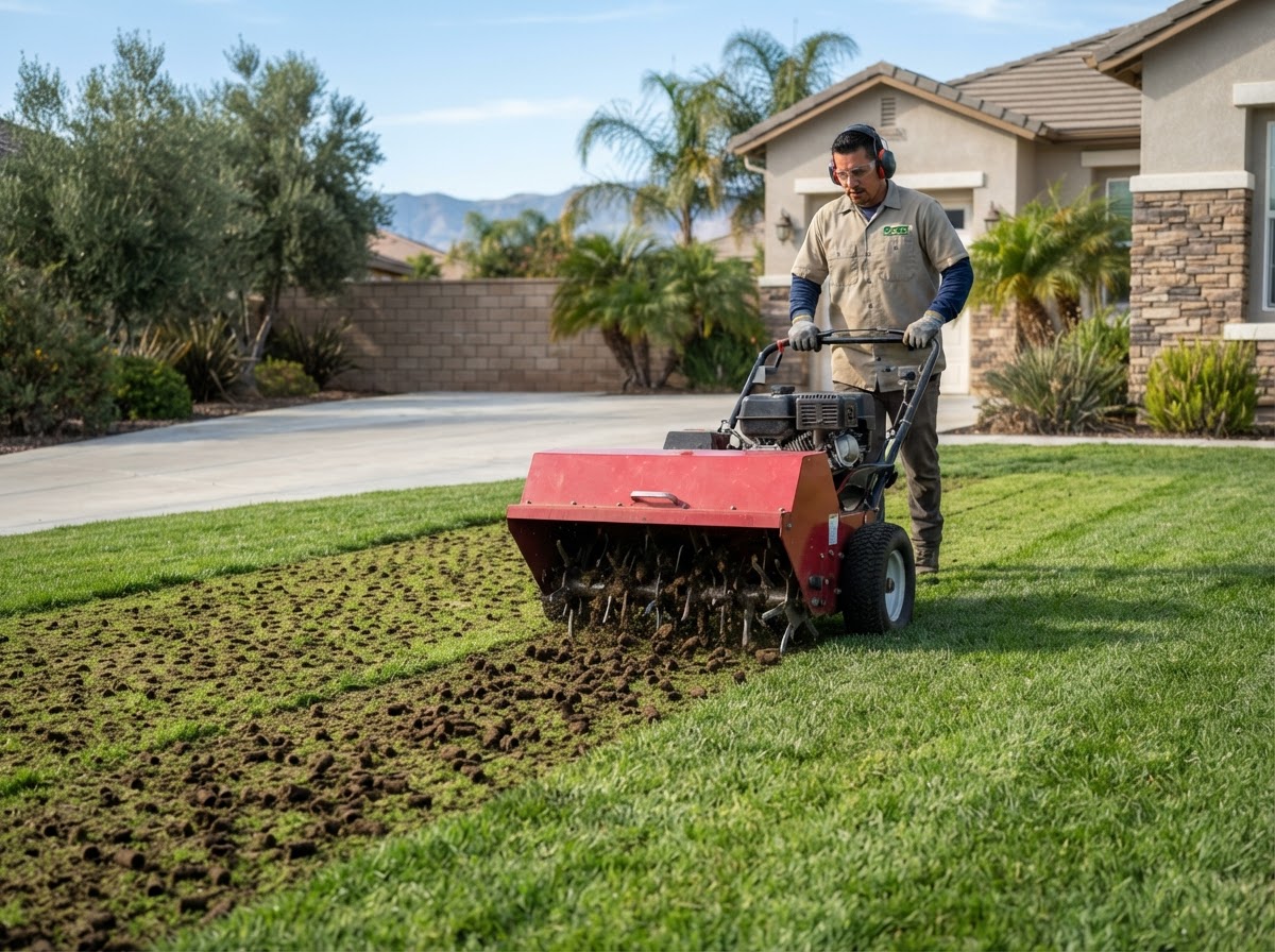 Core lawn aeration for compacted turf in Wasco, California