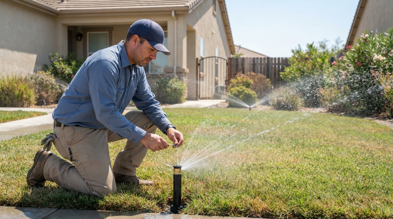 Sprinkler repair service at a residential property in McFarland, CA