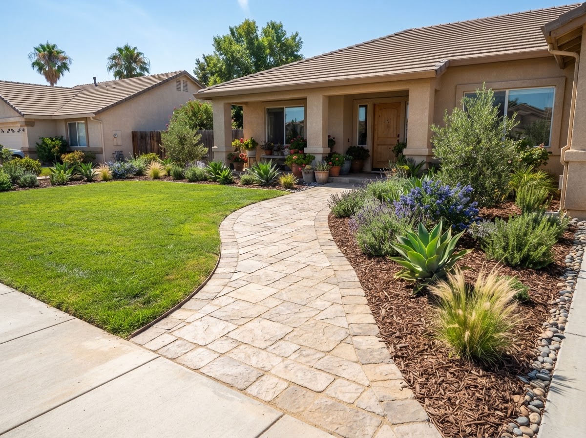 Residential landscape layout with lawn and planting beds in Wasco