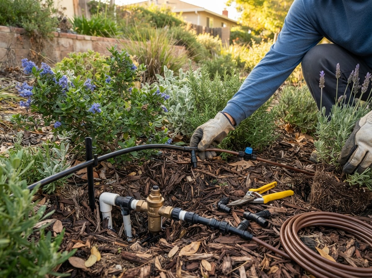 Drip irrigation installation for a Wasco planting bed