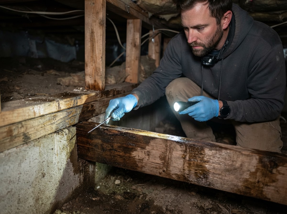 Carpenter evaluating framing and wood damage in a Hamilton Township home