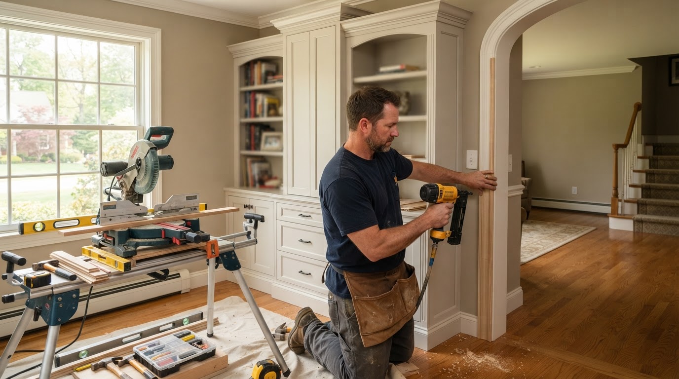 Carpenter completing custom finish carpentry in a Hamilton Township home