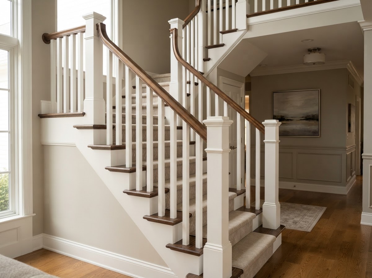 Residential stair railing carpentry in Hamilton Township