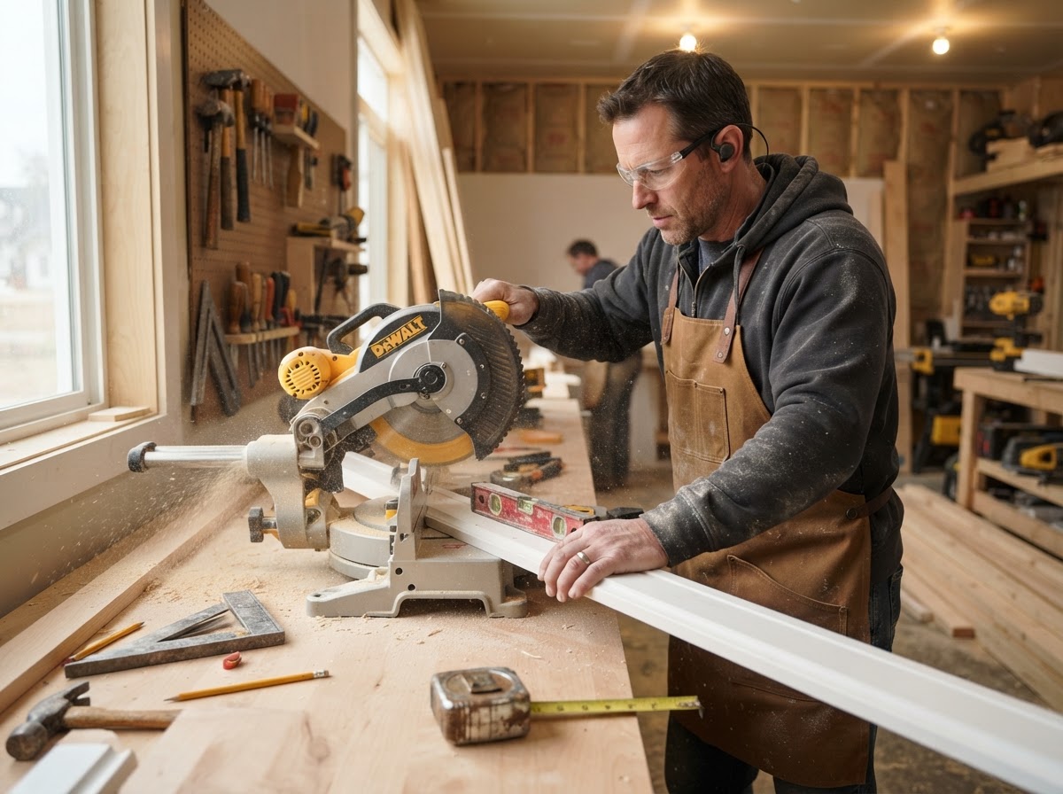 Carpenter measuring and preparing materials for a Hamilton Township project
