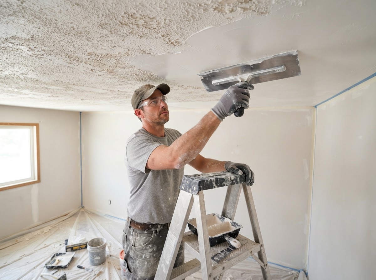 Drywall skim coating after popcorn ceiling texture removal