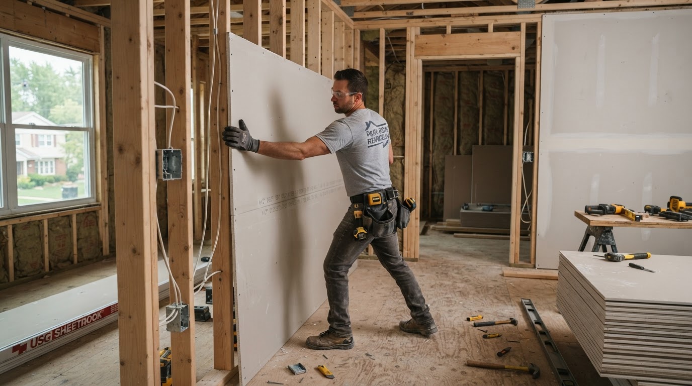 Drywall installation contractor working in a Park Ridge Illinois home