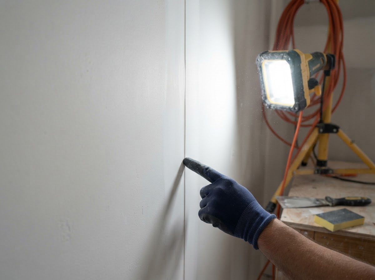 Finished drywall seam inspected before final wall coating
