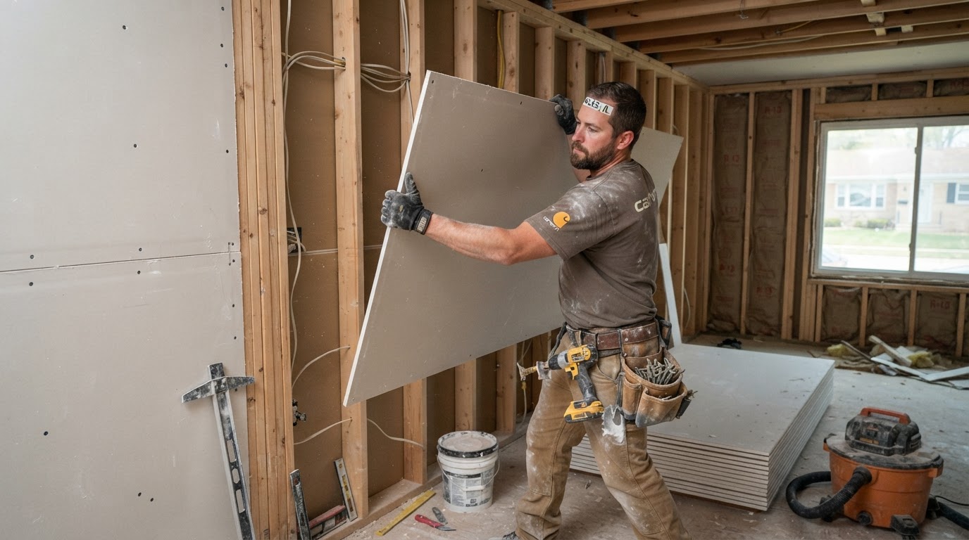 Drywall installation contractor hanging gypsum board in Niles Illinois
