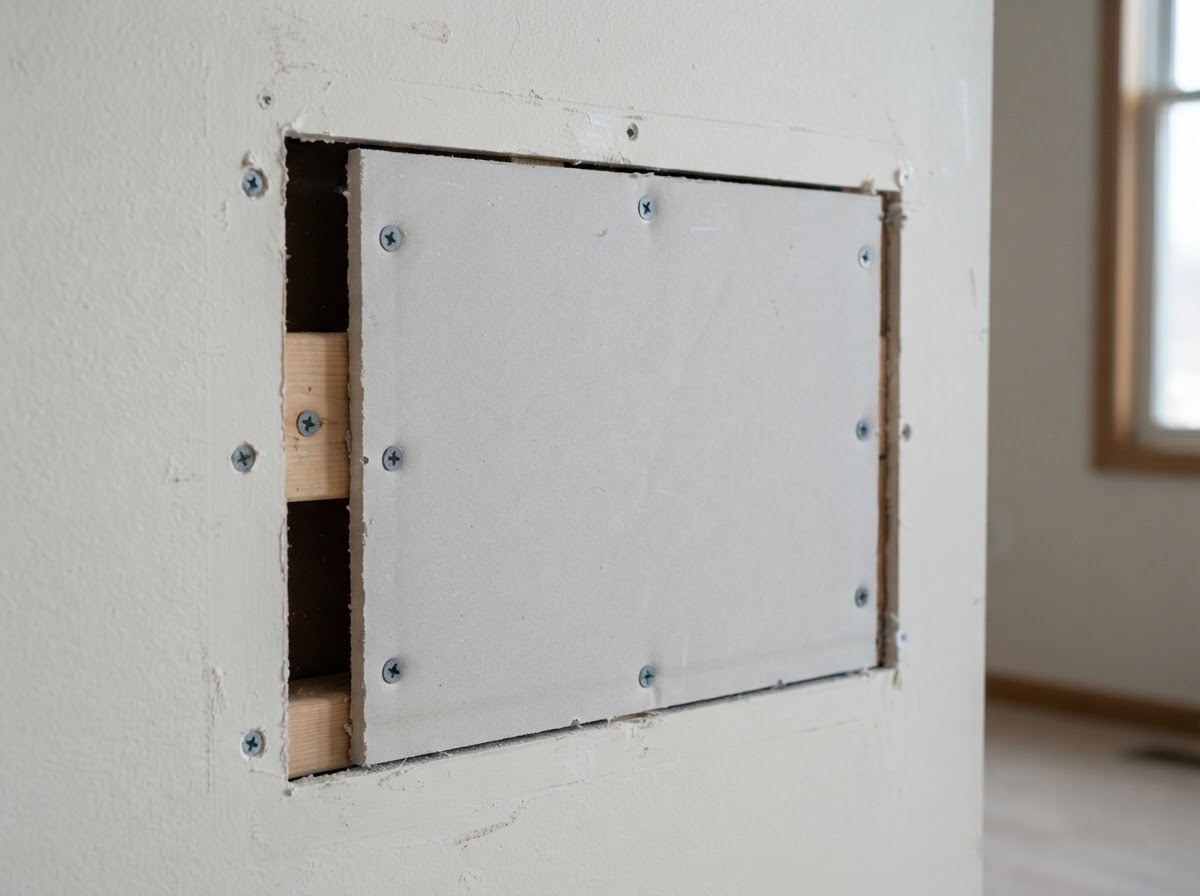 Supported drywall patch prepared for joint finishing in Niles