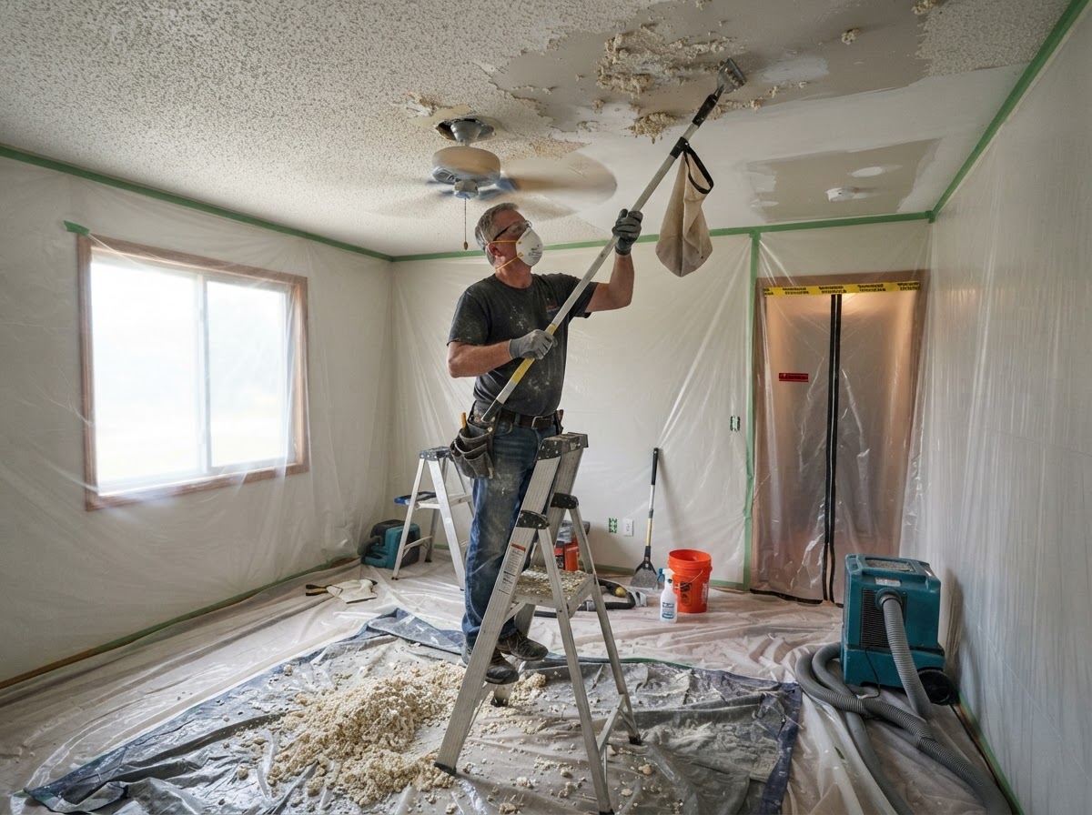 Professional acoustic ceiling texture removal during a Niles renovation